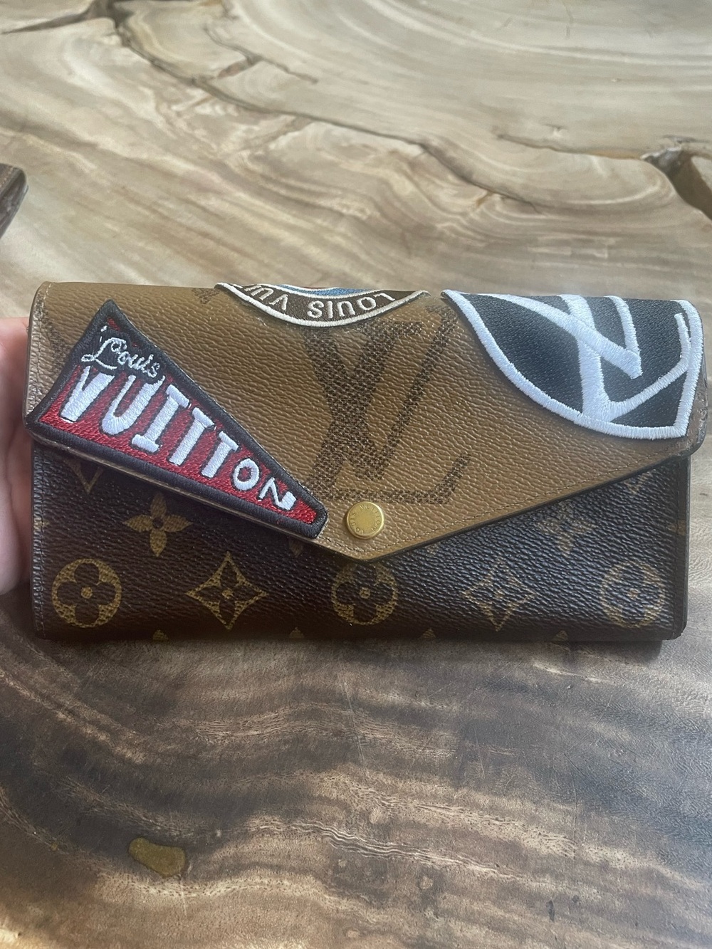 Louis Vuitton reverse monogram Sarah wallet custom patch repair